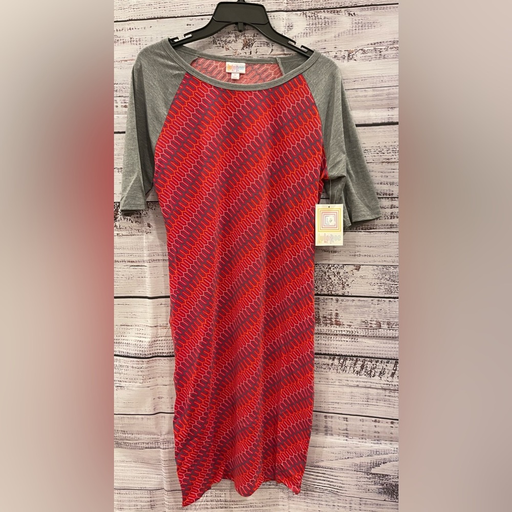 LulaRoe Julia dress with - red, blue, orange and grey.